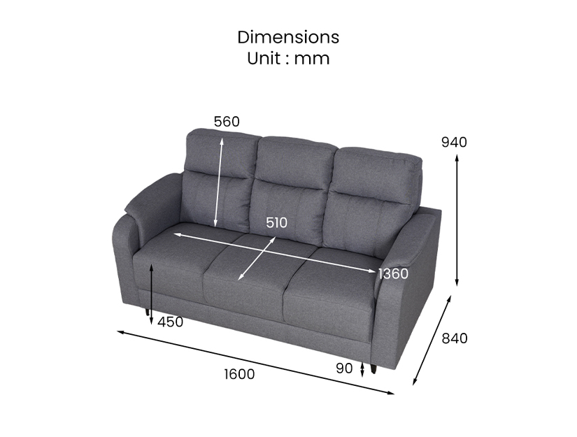 The dimensions of the Kanic 3 Seater fabric sofa.
