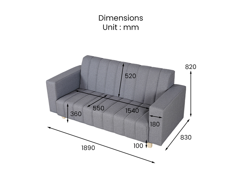 The dimensions of the Marge 3 Seater Sofa - Fabric.