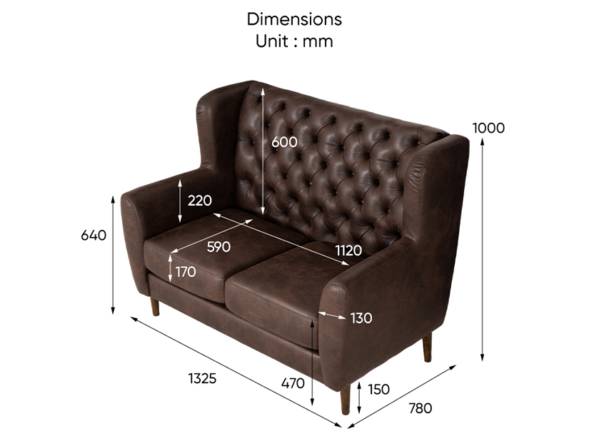 The dimensions of the Percival 2 Seater Wingback Chesterfield Sofa