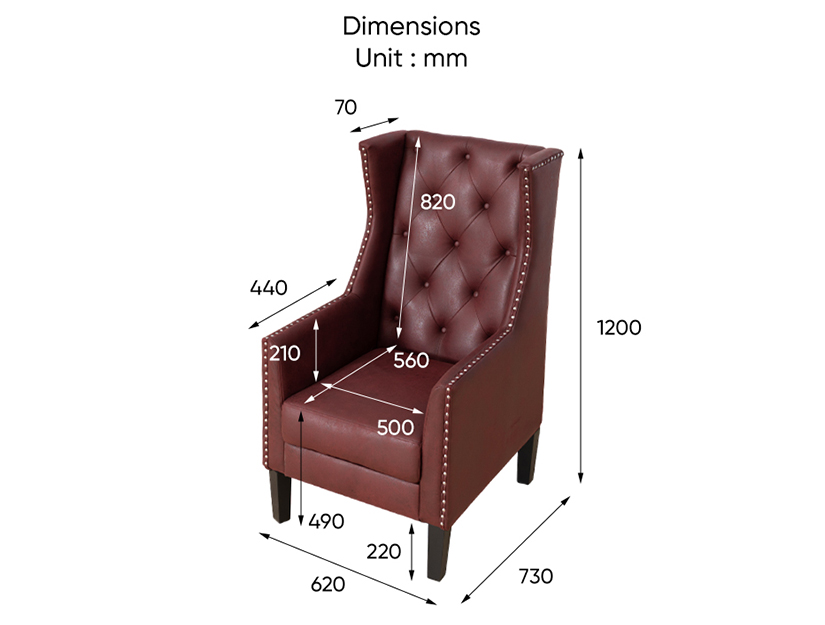 The dimensions of the Reginald Wingback Chesterfield Armchair.