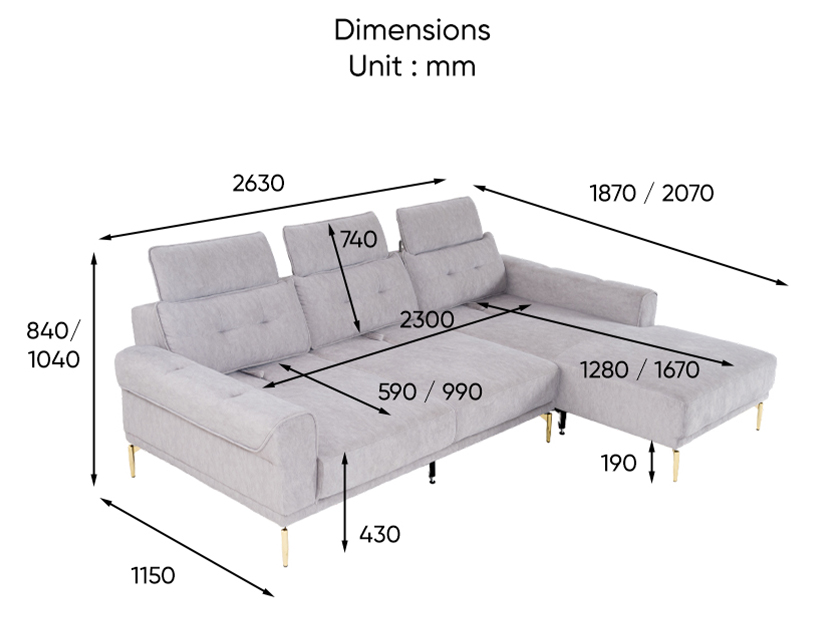 The dimensions of the Rex L Shaped Sofa (Pet-Friendly).