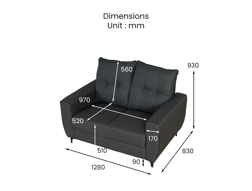 The dimensions of the Sasha 2 Seater Fabric Sofa