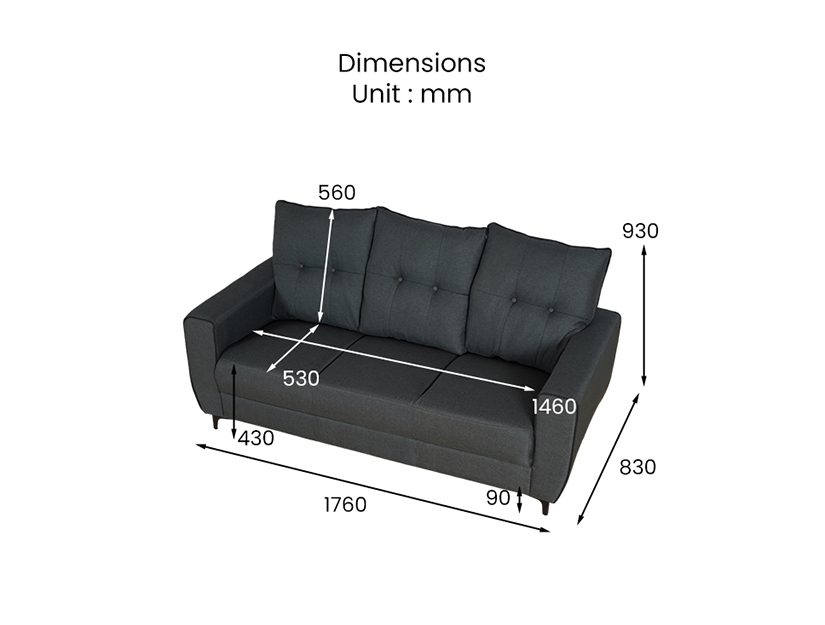 The dimensions of the Sasha 3 Seater Fabric Sofa