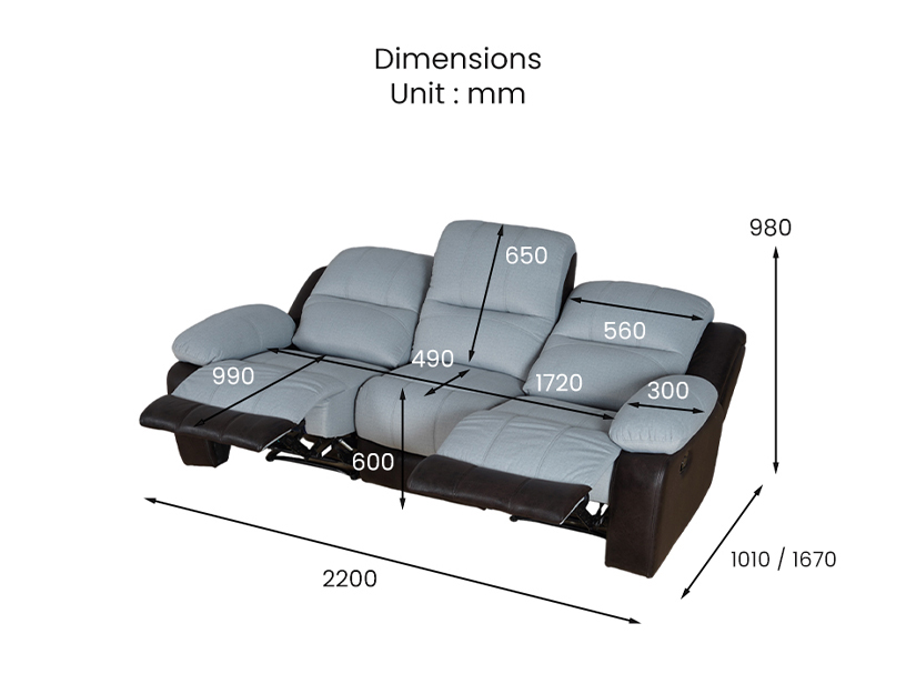 The dimensions of the Ted 3 Seater Recliner Sofa.