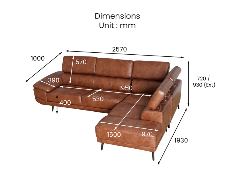 The dimensions of the Thea L Shaped Sofa.