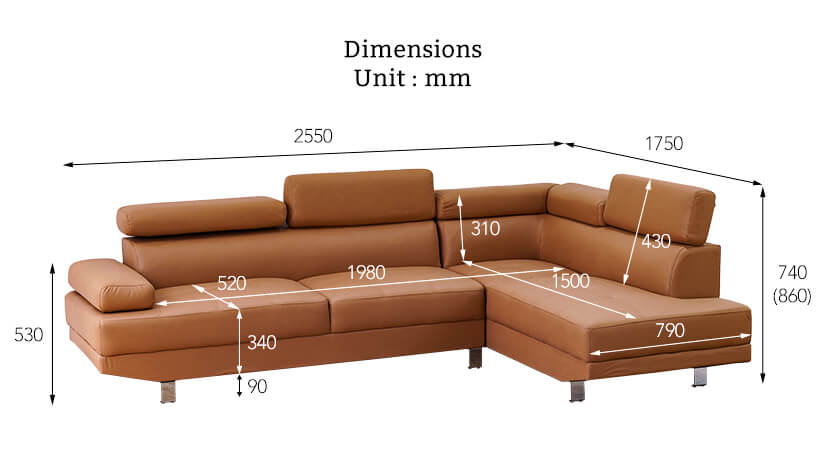 The dimensions of the Tiana L Shaped Sofa.