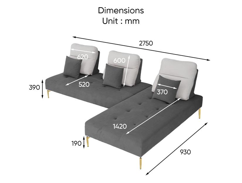 The dimensions of the Vente Modular Backrest L Shaped Sofa (Pet-friendly)