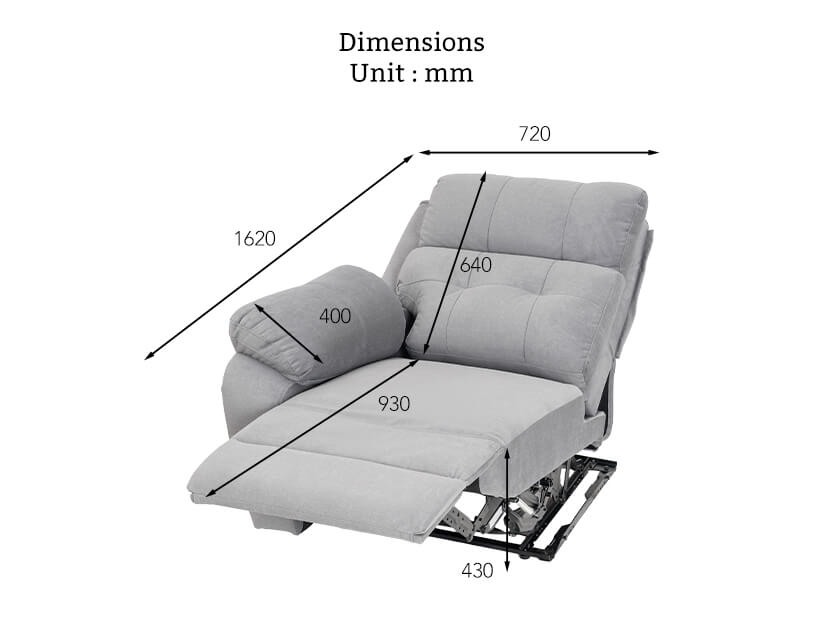 The dimensions of the Victoria Left Arm Chair with Recliner (Pet-friendly Fabric).