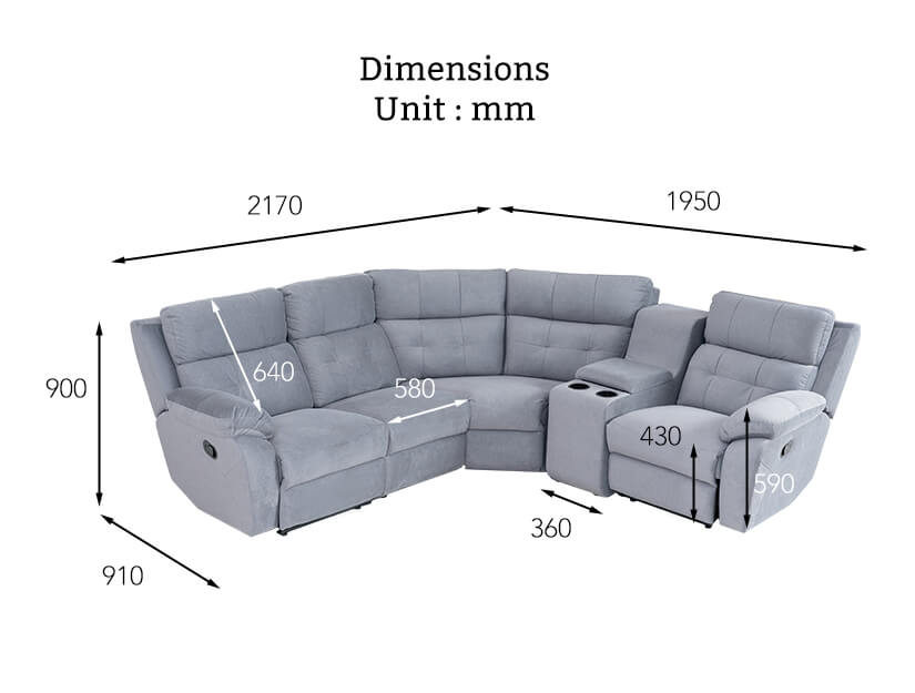 The dimensions of the Victoria Modular Recliner Sofa (Pet-friendly Fabric).