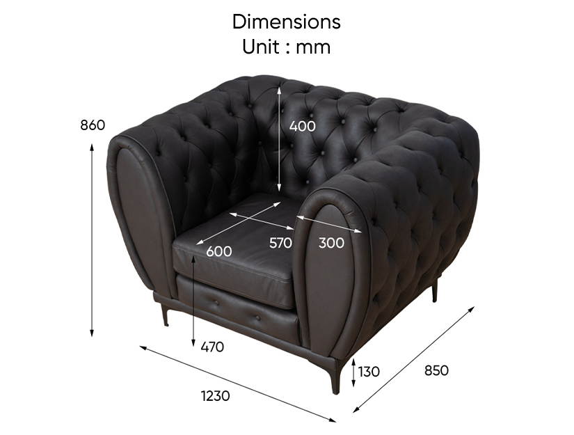 The dimensions of the Walter Chesterfield Armchair.