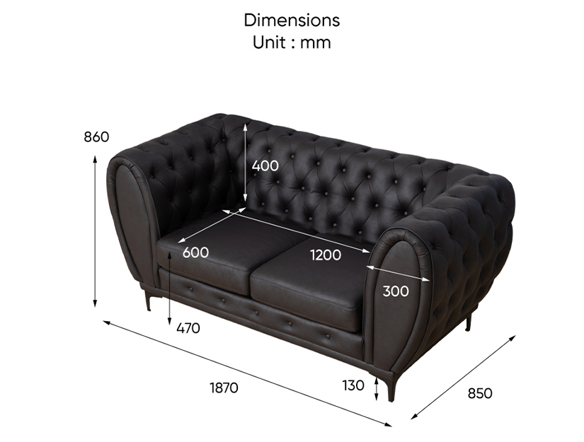 The dimensions of the Walter 2 Seater Chesterfield Sofa.