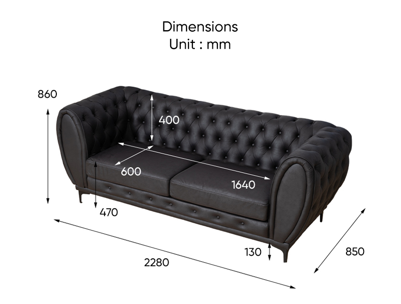 The dimensions of the Walter 3 Seater Chesterfield Sofa.