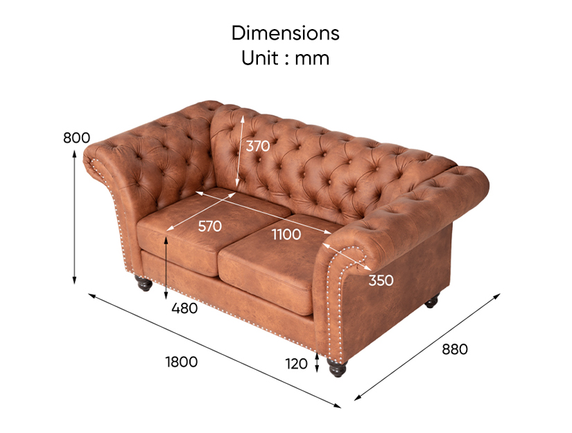 The dimensions of the Wilfred 2 Seater Chesterfield Sofa.