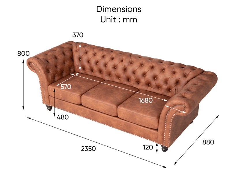 The dimensions of the Wilfred 3 Seater Chesterfield Sofa.