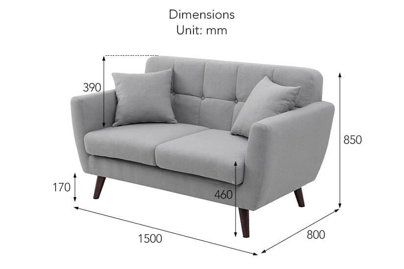 The dimensions of the Willow 2 Seater Sofa available exclusively online at bedandbasics.sg