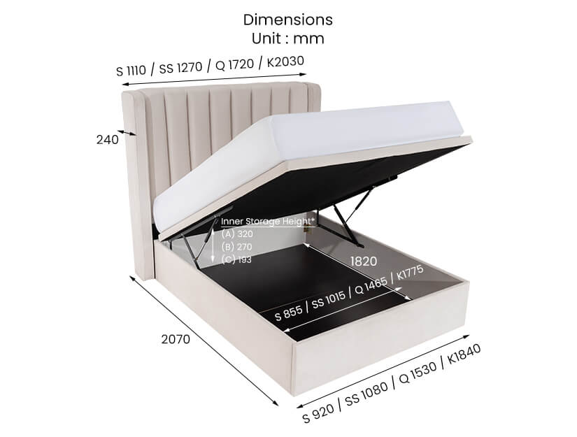 The Jayce Storage Bed Frame (Kisa Velvet) overall dimensions