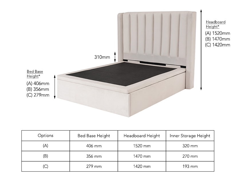 The Jayce Storage Bed Frame (Kisa Velvet) detailed dimensions