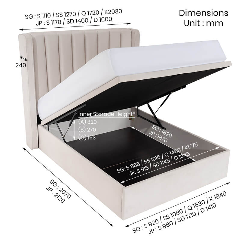 The overall dimensions of the Jayce storage bed frame.