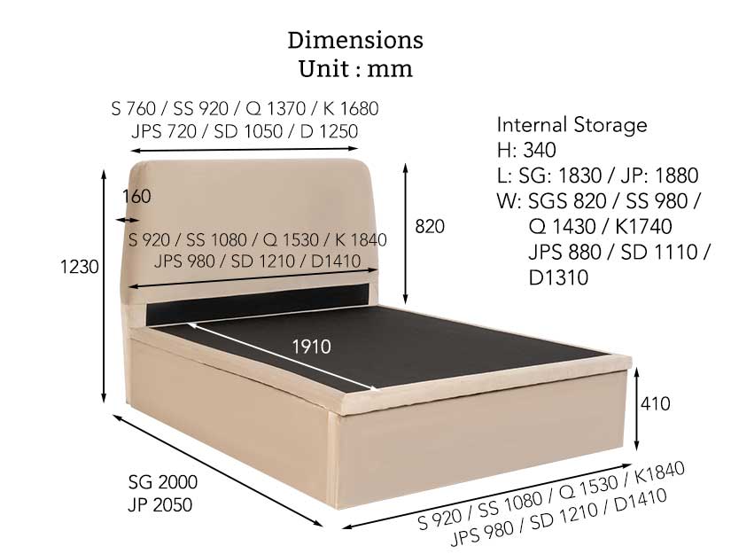 The dimensions of the Velle Velvet Storage Bed.