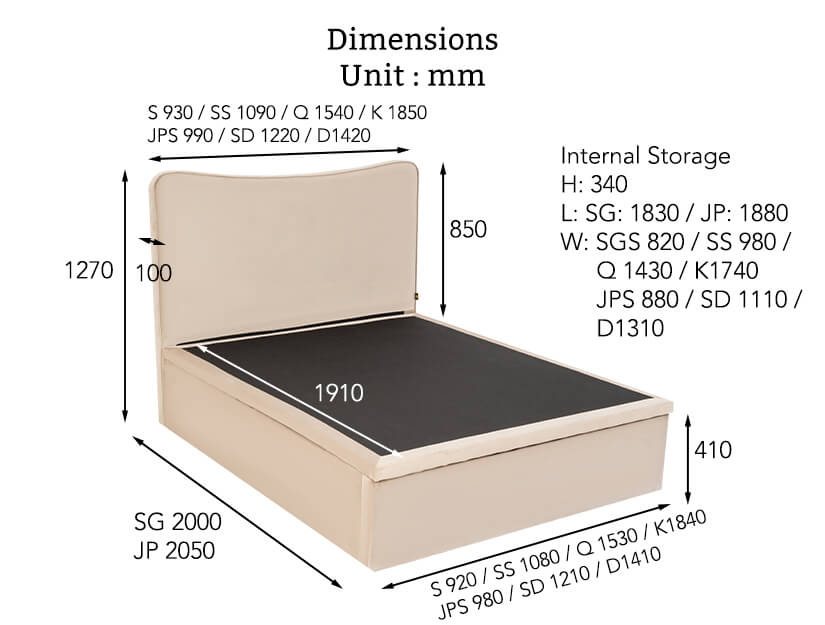 The dimensions of the Vera Velvet Storage Bed.