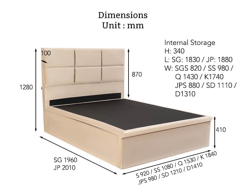 The dimensions of the Viviana Velvet Storage Bed.