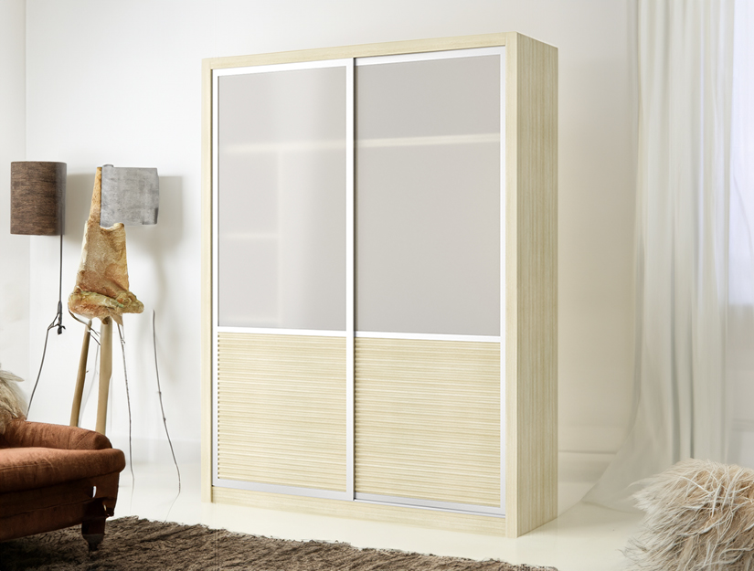 Tatami style premium wooden wardrobe with glass panels. 2 door wardrobe with sliding doors.
