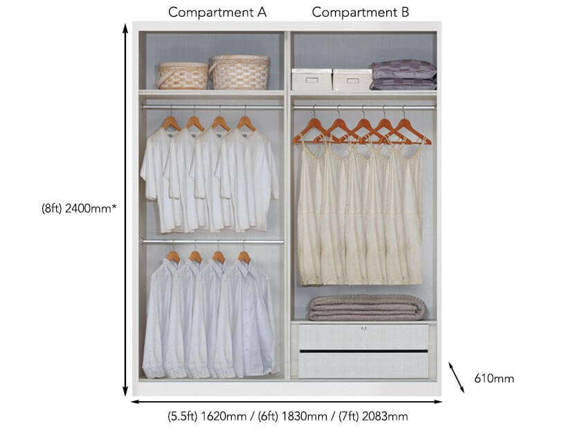 The dimensions of the wardrobe in 5.5, 6, and 7 feet.