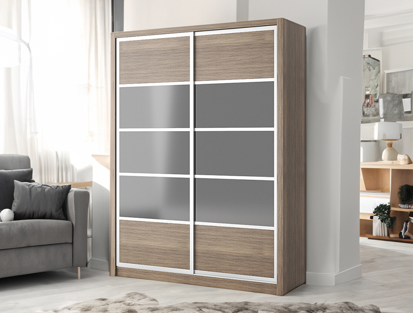 Sleek & minimalist wooden wardrobe with premium glass panels. 2 door wardrobe with sliding doors.