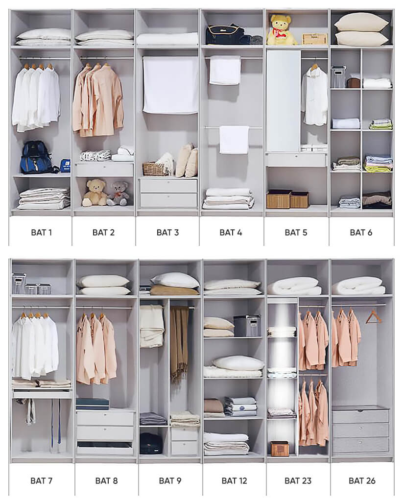Modular wardrobe. Choose from 12 compartment layout options. Customize according to your needs. 
Choose from hanging rods to wooden shelves & drawers.  
Upgrade to built-in dresser & mirror (BAT5) or an elegant display case with glass shelves & lighting (BAT23).