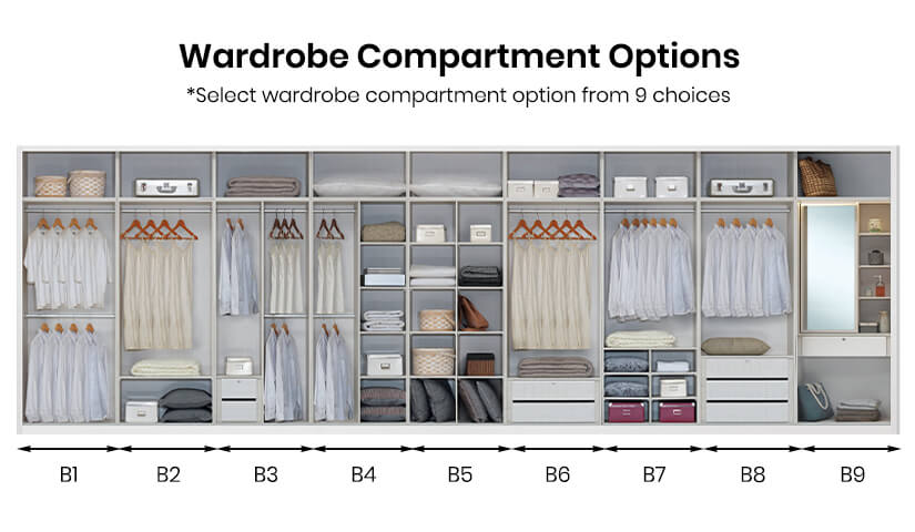 Modular wardrobe. Choose from 9 compartment layout options. 