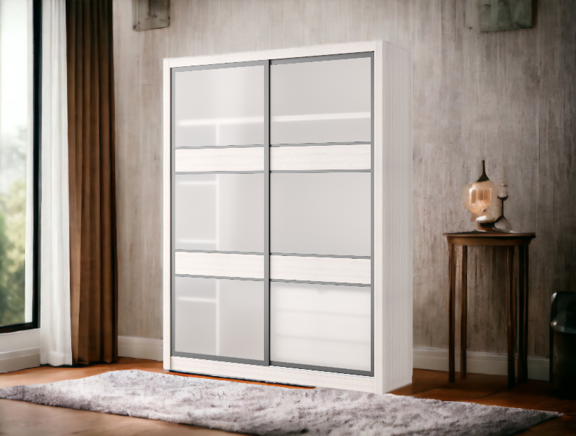 Bright, modern design with premium glass panels. 2 door wardrobe with sliding doors.
