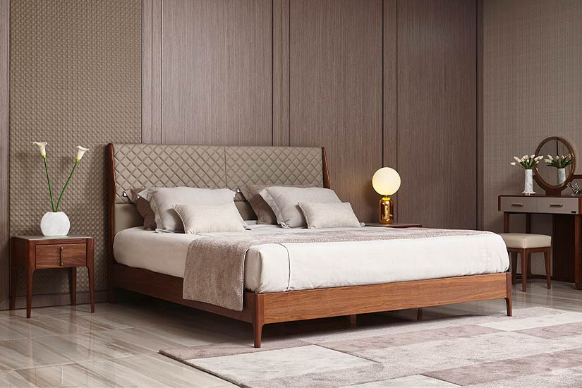 Ash Grey leather quilting paired with dark ash wood, the Adams Ash Wood Bedframe is sophisticated while still being easy-to-match.  