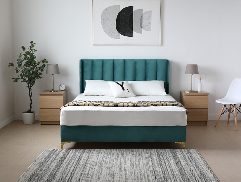 High headboard. Vertical channel tufting. A tall, majestic appearance. Internal structure a combination of Eucalyptus solid wood and plywood. A design made for durability.