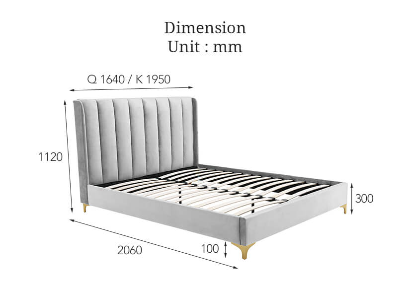 The dimensions of the adele bed in queen and king sizes.
