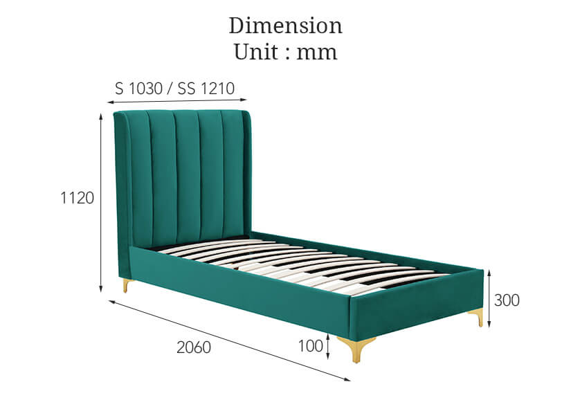 The dimensions of the adele bed in single and super single sizes.