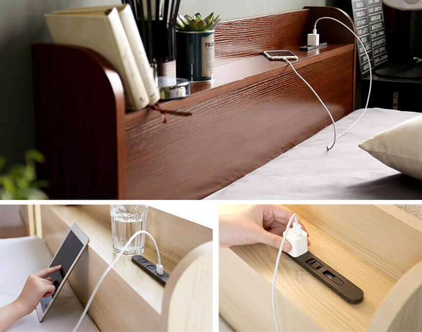 Maximising the bed frame’s functionality, the headboard has a power outlet that comes with both power and USB sockets. 