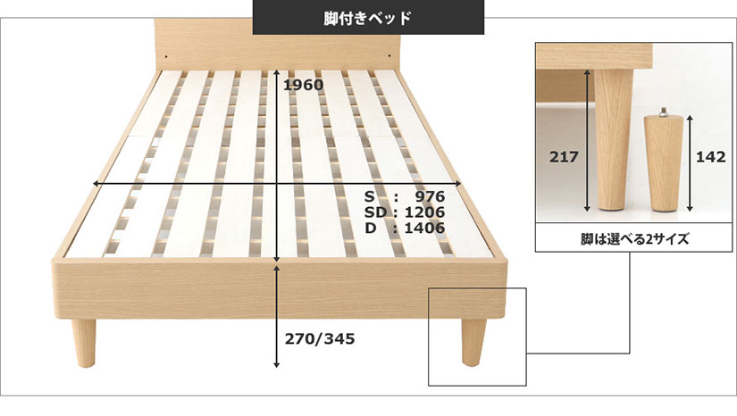 The cross-sectional bed measurements and solid wood leg height.