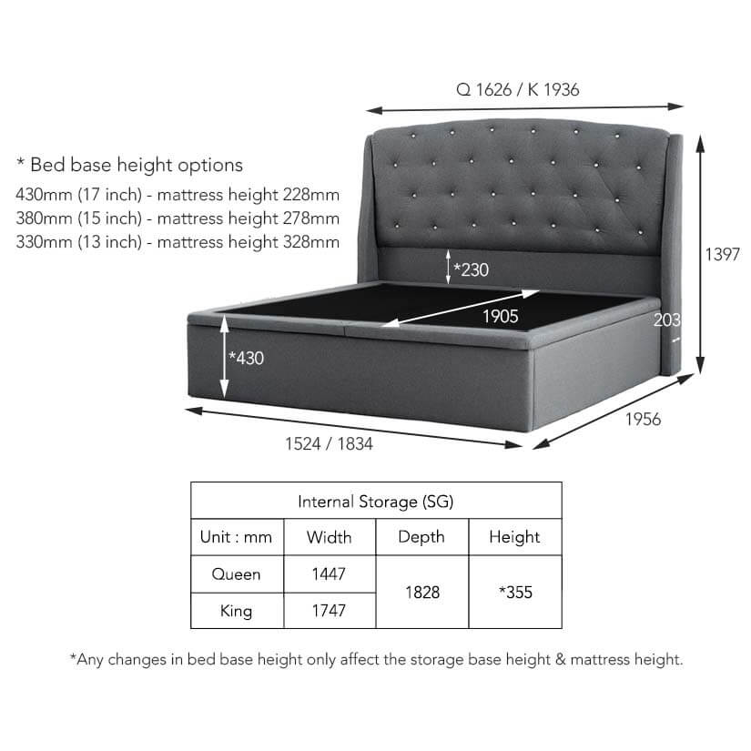 The dimensions of the HEMNES Storage Bed Frame (Stain-Resistant Fabric).
