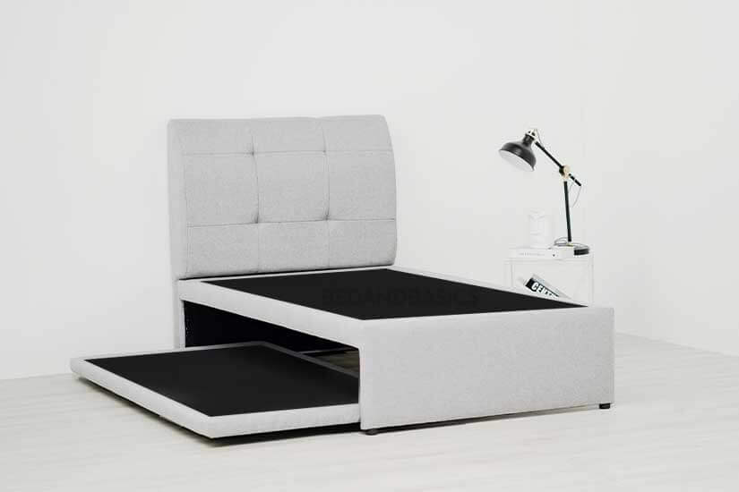 With foldable, rounded metal legs, the bottom bed frame can be easily set up for one more sleeper. The legs can also be folded and tucked away when not in use. 