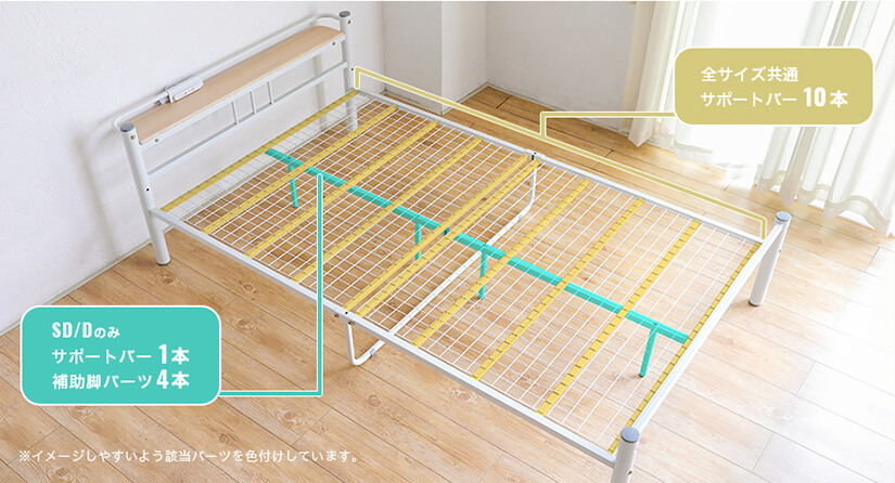 Wire mesh bed base that promotes cooling & ventilation. Durable support bars that reinforce the bed’s structure.