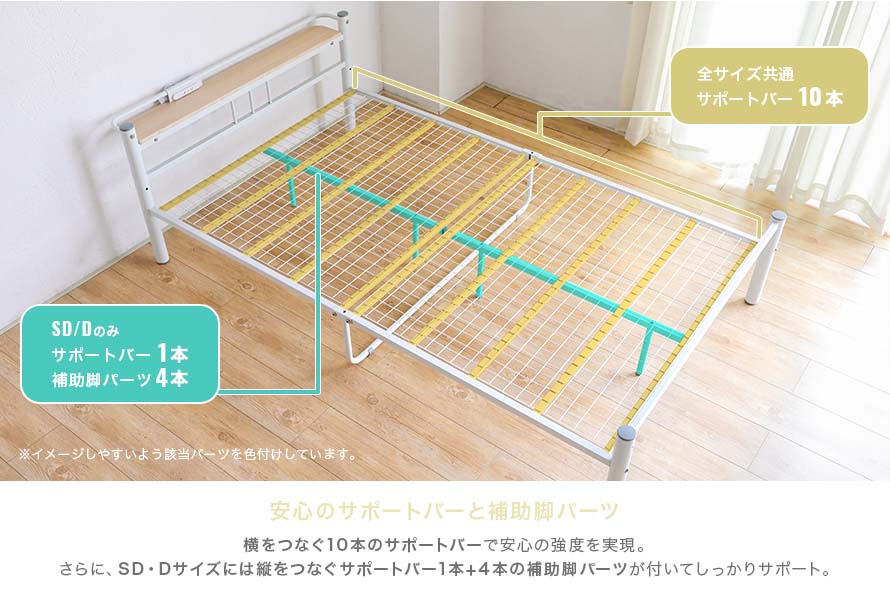 The strength of the bed comes from ten support bars that connect sideways. In addition, Semi double and Double size firmly supports with one support bar connecting vertically with 4 auxiliary leg parts.