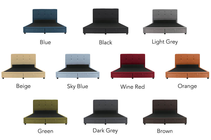 The Lois Fabric Storage Bed Frame is available in 10 colours.