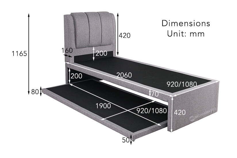 Max load Up to 85kg (Top) , up to 80kg (Pullout Bed). Suitable Mattress Height : Up to 25cm (Main Frame), up to 20cm (Pullout Bed).