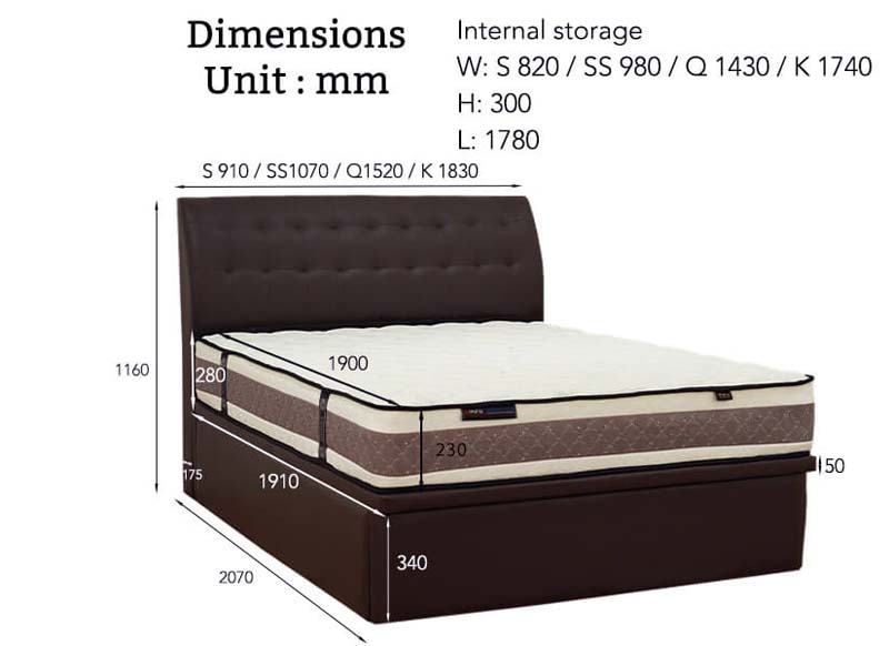 The dimensions of the Vazzo Brookland Spring Mattress and Thames Storage Bed Bundle.