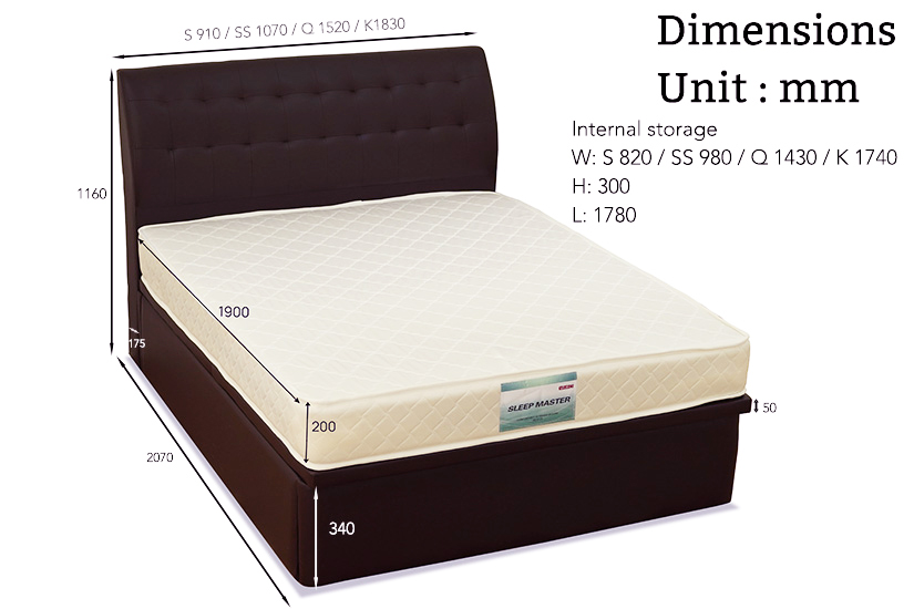 The dimensions of the Vazzo Sleep Master storage bed bundle.