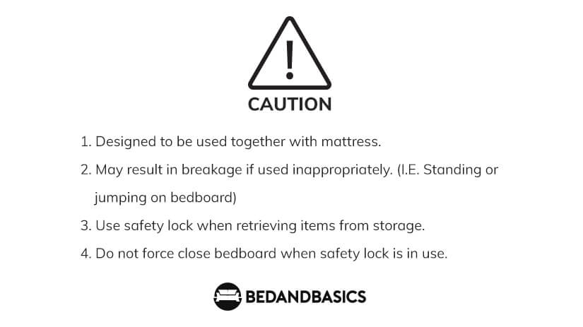 Storage bed usage caution and instructions.